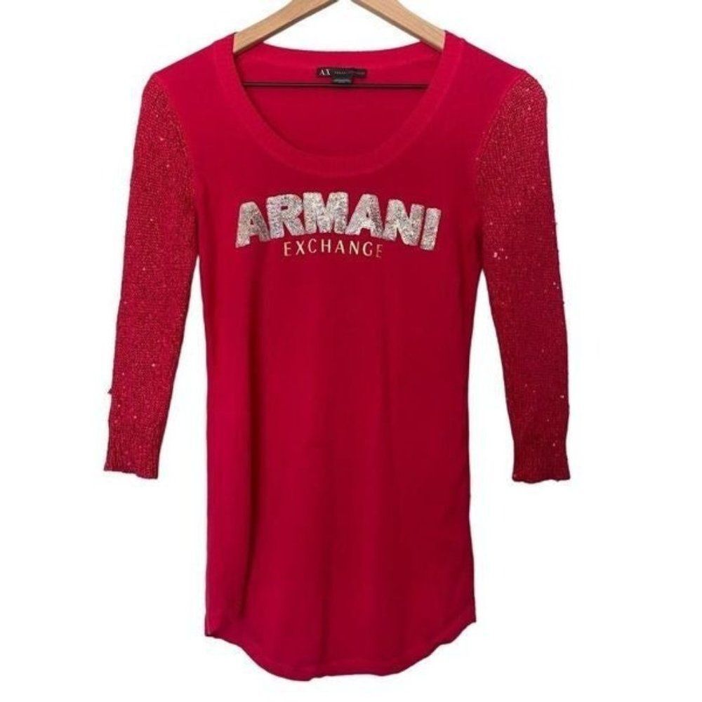 AX Armani Exchange XS Extra Small Pink Sweater Sequin Logo & 3/4 Sleevees
